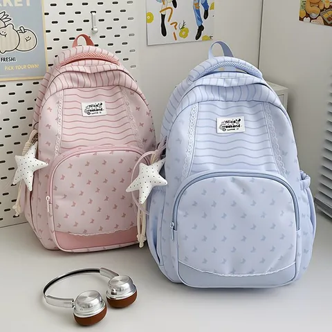 Zaino per Studenti Leggero di Grande Capacità a Righe con Stampa a Farfalla in Nylon Borsa da Scuola per Ragazze Zaino da Viaggio All'aperto