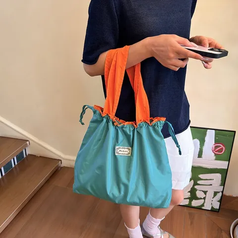 Large Capacity Foldable Drawstring Shopping Bag Waterproof Nylon Tote Bag For Women Travel Storage Reusable Grocery Bag