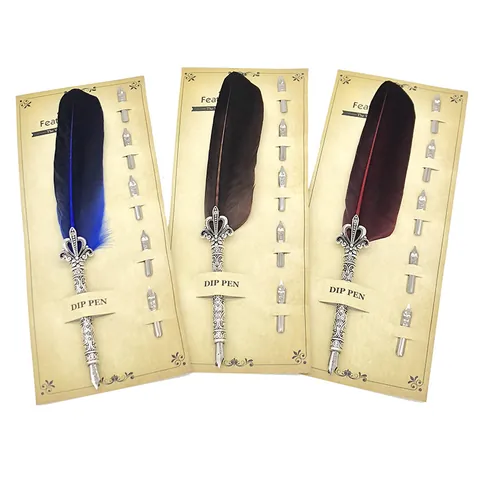 Vintage Feder-Tauchstift-Set Mit 5 Federn Retro Metall Gravierter Griff Kalligraphie-Füllfederhalter Für Business-Geschenk Büro