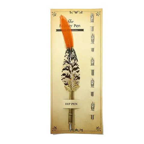Vintage Antique Feather Dip Pen With Multiple Replacement Nibs Stainless Steel Carved Alloy Body Quill For Calligraphy Writing Gift