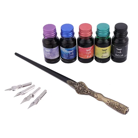 Set Penna Calligrafica Vintage in Metallo Inciso Con Inchiostro Multicolore e Pennini Kit Penna Calligrafica Stile Europeo per Scrivere Disegnare Regalo