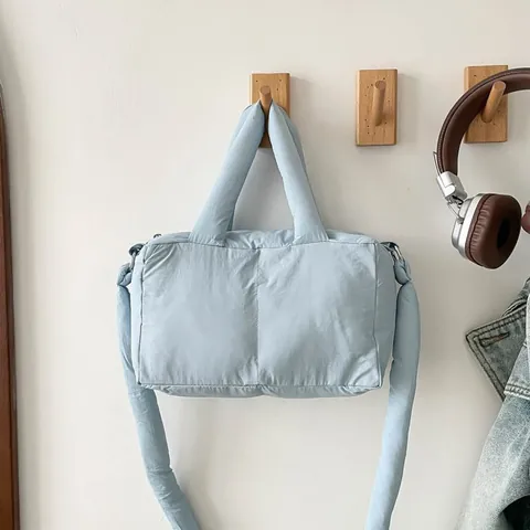 Korean Quilted Padded Tote Bag For Women Nylon Puffer Shoulder Messenger Handbag Soft Warm Winter Solid Color Casual Tote Bag