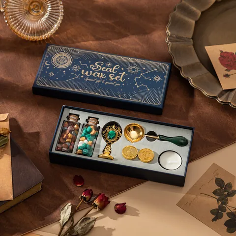 Juego de Sellos de Cera de Sellado Vintage Kit de Cuentas de Cera Decorativas de Latón Aleación Con Caja de Regalo de Lámina de Oro Cielo Estrellado