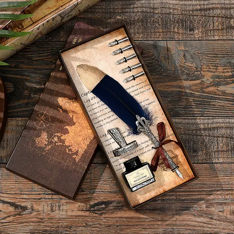 Penna di Piuma Vintage Inchiostro Pennini di Ricambio Supporto Scatola Regalo Retro Calligrafia Penna d'Oca Kit di Cancelleria