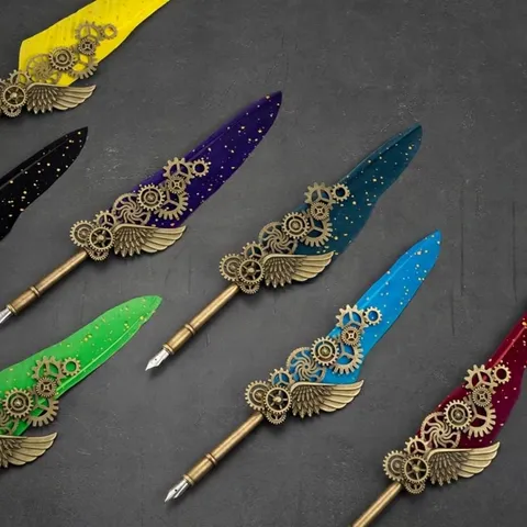 Ευρωπαϊκό Βίντατζ Steampunk Σετ Πένας με Φτερό Με Μύτες από Ανοξείδωτο Ατσάλι Μελάνι Σφραγίδα Κεριού Βάση Πένας Καρδιά Κουτί Δώρου