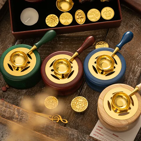 Retro Solid Wood Wax Seal Melting Furnace With Metal Spoon Set Macaron Color DIY Craft Wax Seal Stamp Melting Pot Tools For Gift Office Stationery