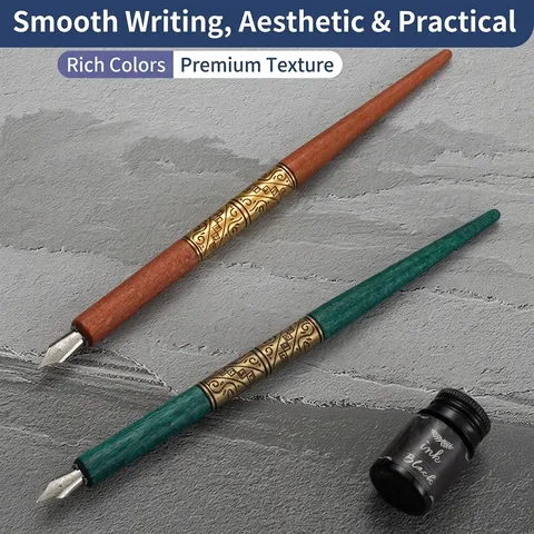 Kit Accessori Penna Immersione Calligrafia Legno Retro Con Pennini Metallo Intercambiabili E Inchiostro Nero Per Lettering Inglese Fumetti
