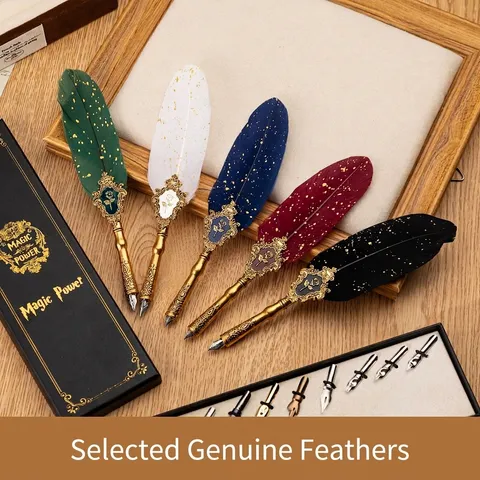 Vintage European Feather Dip Pen With Replacement Nibs Gold Sprinkled Quill Pen Antique Writing Instrument For Calligraphy Gift