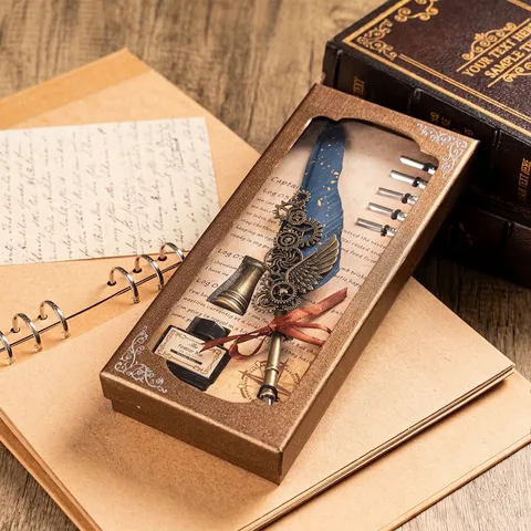 Juego de Plumas de Ave Mecánicas Steampunk Vintage Europeo Pluma de Inmersión Caligrafía Tinta Estuche Con Plumillas de Repuesto