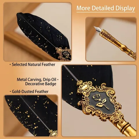 Vintage European Feather Dip Pen With Replacement Nibs Gold Sprinkled Quill Pen Antique Writing Instrument For Calligraphy Gift