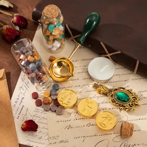 Juego de Sellos de Cera de Sellado Vintage Kit de Cuentas de Cera Decorativas de Latón Aleación Con Caja de Regalo de Lámina de Oro Cielo Estrellado