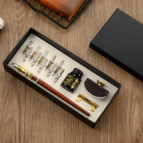 European Vintage Wood Dip Pen Set With Replacement Nibs Ink Holder And Rocker Blotter Calligraphy Gift Set For Business Writing