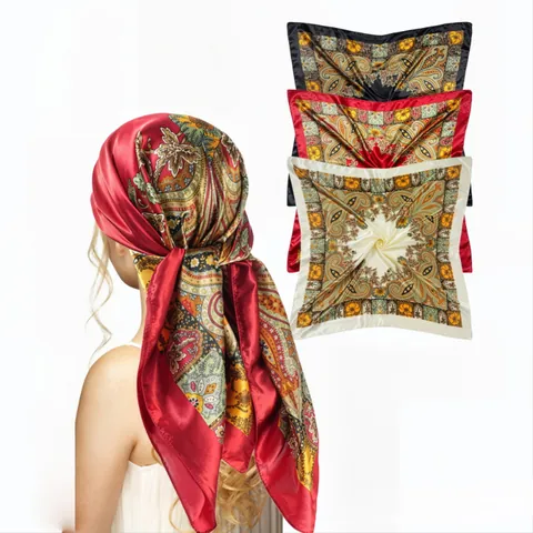 Modieus Pendelen Satijn Polyester Vierkante Sjaal Bedrukt Paisley Botanisch Bloemen Patroon Lichtgewicht Zonbescherming Omslagdoek Hoofddoek Voor Dames Reizen Vakantie
