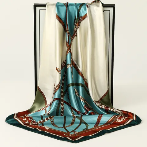 Elegant Floral Pattern Satin Square Scarf For Women Silk Like Printed Head Scarf Fashion Paisley Chain Design Neck Scarf Decorative Accessory