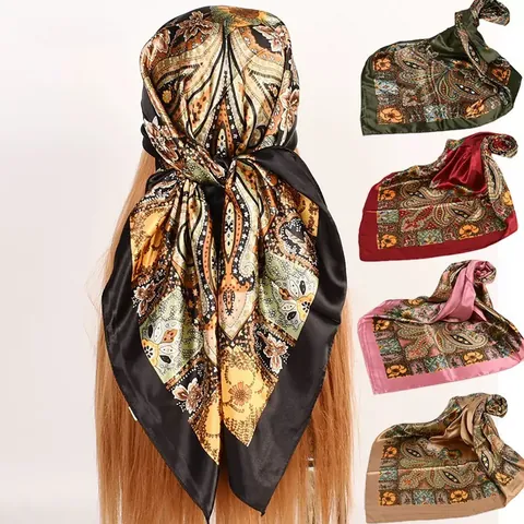 Elegante Vierkante Sjaal Dames Paisley Bloemenprint Satijn Polyester Hoofddoek Vintage Grote Sjaal Wikkel Voor Dagelijkse Mode