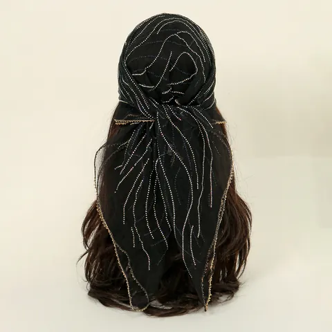Women Fashion Rhinestone Square Scarf Elegant Wave Pattern Polyester Headscarf Decorative Shawl Solid Color Hair Wrap Bandana