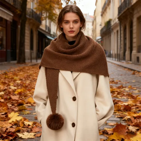 Korean Fashion Knitted Scarf Shawl For Women Warm Neck Guard Wrap With Soft Pom Pom Decorative Winter Autumn Versatile Bib