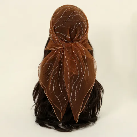 Women Fashion Rhinestone Square Scarf Elegant Wave Pattern Polyester Headscarf Decorative Shawl Solid Color Hair Wrap Bandana