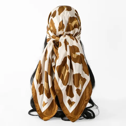 Fashion Korean Leopard Print Satin Square Scarf For Women Polyester Printed Silk Feel Travel Sun Protection Scarf Headscarf Accessory