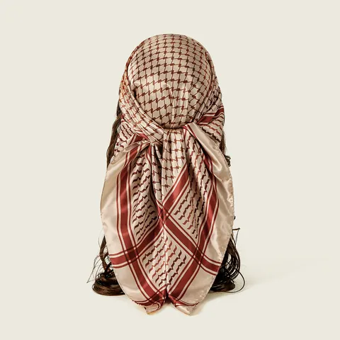 Fashion Grid Pattern Satin Square Scarf Vintage Keffiyeh Style Soft Silk-Like Head Wrap Shawl For Women Neck Scarf Gift