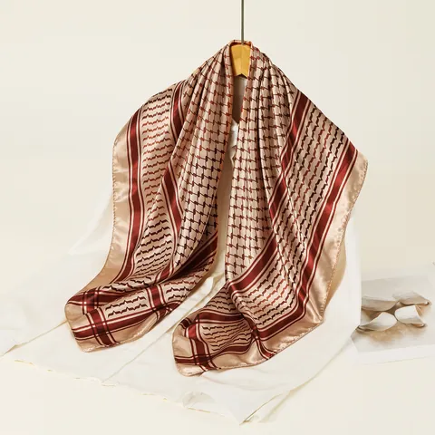 Fashion Grid Pattern Satin Square Scarf Vintage Keffiyeh Style Soft Silk-Like Head Wrap Shawl For Women Neck Scarf Gift