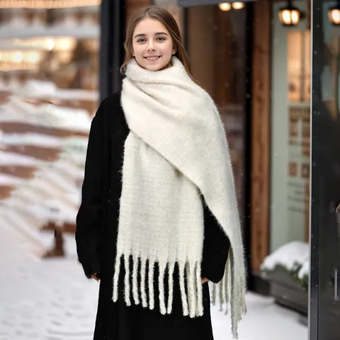 Women Fashion Soft Polyester Scarf Winter Warm Solid Color Long Shawl Tassel Fringe Scarf Elegant Pashmina Wrap For Ladies
