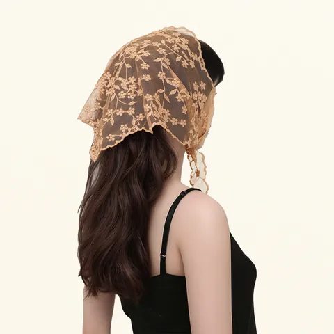 French Vintage Floral Embroidered Polyester Lace Triangle Scarf For Women Elegant Hair Band Headband For Spring Summer Autumn Fashion Accessory