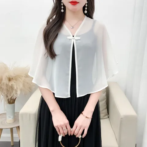 Scialle in Chiffon da Donna Coprispalle Cardigan Corto per Protezione Solare Estiva Tinta Unita Bottone Cinese Ampia Giacca Leggera