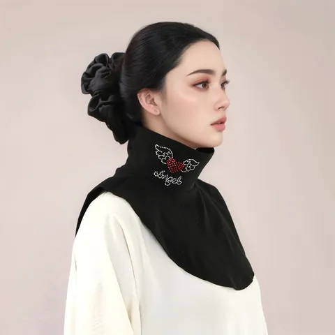 Women Elegant High Neck Fake Collar Heart Wing Rhinestone Letter Angel Pattern Warm German Velvet Dickey Autumn Winter Accessory