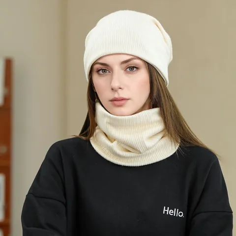 Winter Warm Knit Beanie Hat And Neck Warmer Scarf Set Fleece Lined Windproof Thermal Hat For Men Women