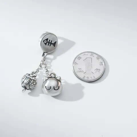 Fine Silver Cat And Fish Bone Charm Pendant Vintage Frosted DIY Bracelet Hanging Accessory Jewelry Gift For Women