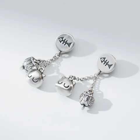 Fine Silver Cat And Fish Bone Charm Pendant Vintage Frosted DIY Bracelet Hanging Accessory Jewelry Gift For Women