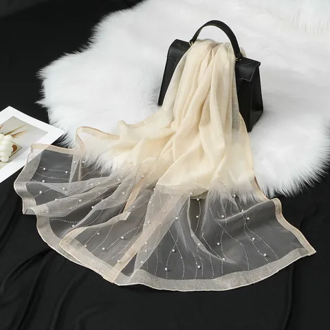 Dames Moerbeizijde Organza Sjaal Elegant Golfpatroon Strass Sjaal Kunstparel Decoratie Mode Lichtgewicht Lange Sjaal Accessoire