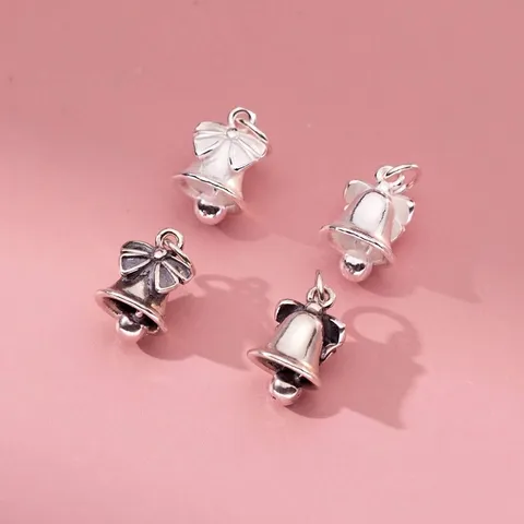 Vintage 925 Sterling Silver Bow Bell Pendant DIY Jewelry Accessories Thai Silver Bowknot Bell Charm For Bracelet Necklace Making Handmade Hanging Ornament