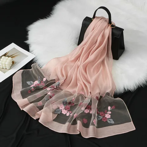 Elegante Moerbeizijde Organza Lange Sjaal Met Sierappelbloem Borduursel Kralen Transparante Dunne Sjaal Voor Vrouwen Moeder Cadeau