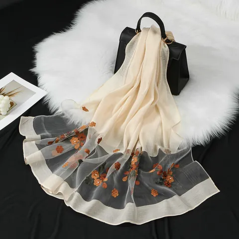 Elegante Moerbeizijde Organza Lange Sjaal Met Sierappelbloem Borduursel Kralen Transparante Dunne Sjaal Voor Vrouwen Moeder Cadeau