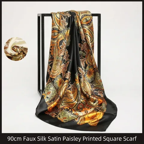 Elegante Vierkante Sjaal Dames Paisley Bloemenprint Satijn Polyester Hoofddoek Vintage Grote Sjaal Wikkel Voor Dagelijkse Mode