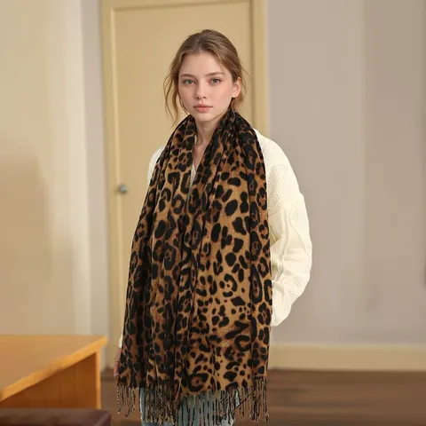 Bufanda de Estampado de Leopardo en Imitación de Cachemira para Mujer Invierno Cálido Suave Poliéster Chal con Borlas Accesorio