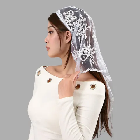 Vintage Embroidered Lace Triangle Scarf Headband For Women Hollow Floral Bridal Veil Church Scarf Nylon Head Wraps Hair Accessories