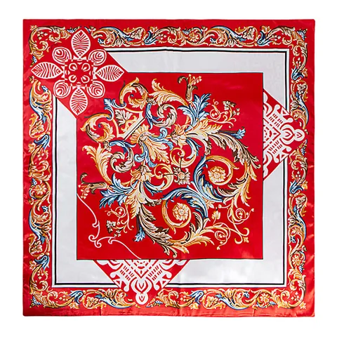 Women Baroque Style Satin Square Scarf Vintage Roman Black Gold Printed Silk Like Head Scarf Shawl Sun Protection Bandana