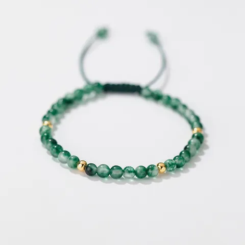 S925 Sterling Silver Gold Plated Moss Agate Beaded Bracelet For Women Natural Gemstone Handmade Adjustable Rope Jewelry Gift