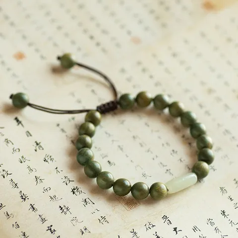 Pulsera de Cuentas Budistas de Sándalo Verde Natural Dije de Jade Nefrita Estilo Chino Vintage Pulsera Tejida Unisex