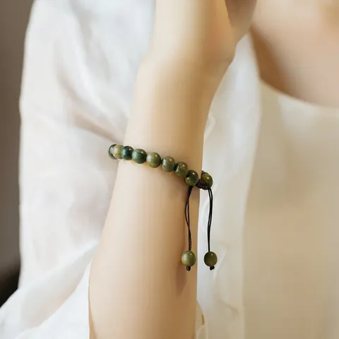 Pulsera de Cuentas Budistas de Sándalo Verde Natural Dije de Jade Nefrita Estilo Chino Vintage Pulsera Tejida Unisex