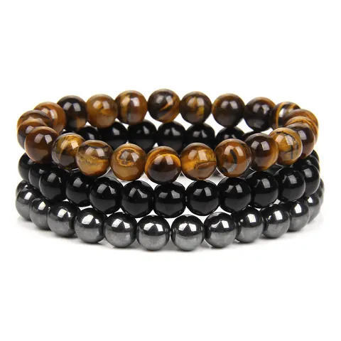 Juego de Pulseras de Piedra Natural Ojo de Tigre Amatista Turquesa Cuentas Triple Protección Hecho a Mano Unisex Elástico