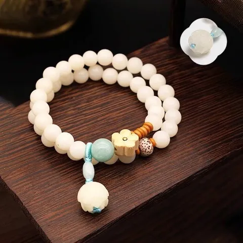 Pulsera de Raíz de Bodhi de Jade Blanco de Nuevo Estilo Chino Para Mujeres Colgante de Loto de Madera Hecho a Mano Cuentas de Oración Budistas Joyería Vintage