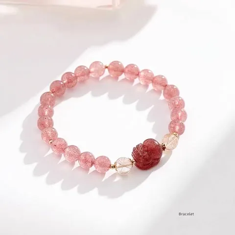Pulsera Pixiu de Cuarzo Fresa Natural para Mujer Pulsera de Cuentas de Cristal Chapada en Oro de 14K Joyería de Piedra de Luna Estilo Chino Vintage Regalo
