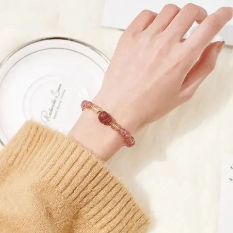 Pulsera Pixiu de Cuarzo Fresa Natural para Mujer Pulsera de Cuentas de Cristal Chapada en Oro de 14K Joyería de Piedra de Luna Estilo Chino Vintage Regalo