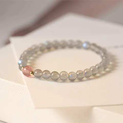 Βραχιόλι 7A Grey Moonstone Strawberry Quartz για Γυναίκες Μινιμαλιστικό Βραχιόλι με Κρυστάλλινες Χάντρες Κόσμημα Ενέργειας