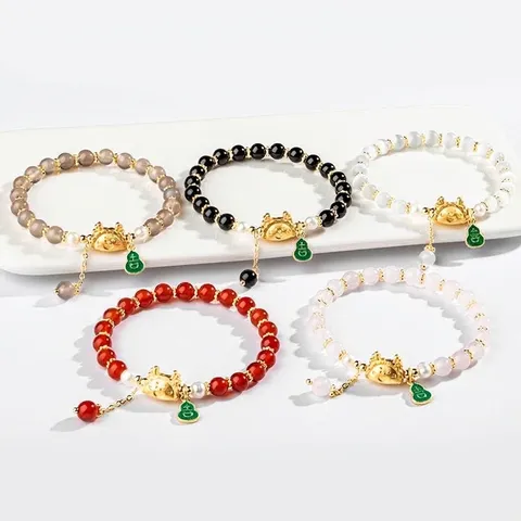 Vintage New Chinese Style Dragon Zodiac Birth Year Agate Bracelet For Women Handmade Alloy Artificial Pearl Jewelry Gift