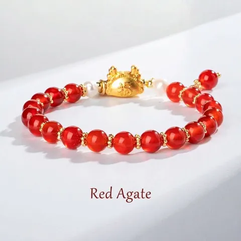 Vintage New Chinese Style Dragon Zodiac Birth Year Agate Bracelet For Women Handmade Alloy Artificial Pearl Jewelry Gift